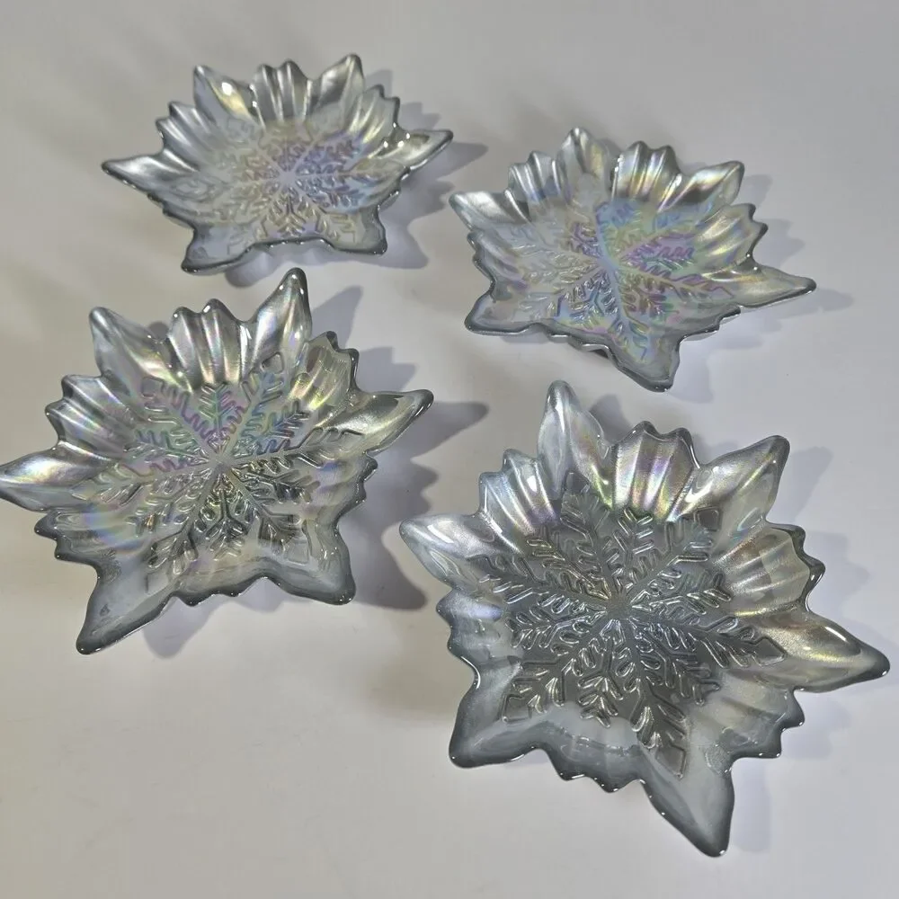 Akcam Turkish Glass Snowflake Dessert Plates Set of 4 Iridescent Pearl 6